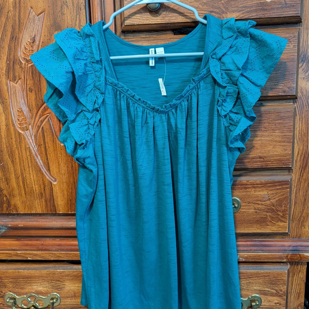 Teal Ruffle Sleeve Women's Top